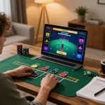 Hitclub user enjoying an engaging live dealer blackjack game on a home laptop, illustrating online gambling excitement.