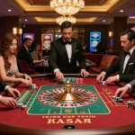 Players strategizing at a GO99 roulette table in a luxury casino setting.