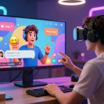 Engaging ai porn chat with user and AI character in a vibrant digital landscape.