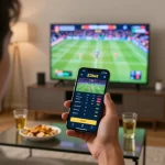 E2bet user placing bets on sports via smartphone in a lively living room setting
