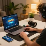 Player enjoying MM88 online poker at home with laptop, smartphone, and strategy notes.