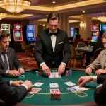 Fabet players engaged in a thrilling blackjack game at a luxurious casino table with expert dealer