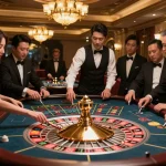Players placing bets at the roulette table in an upscale casino featuring MM88 gaming experiences.