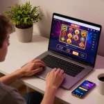 DABET online gaming scene showcasing a player engaging with casino games on a laptop in a cozy environment