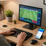 Experience the thrill of sports betting with XX88 on a cozy home setup, showing excitement and engagement.
