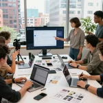 Collaborative team using Seedance AI technology in a bright creative studio.