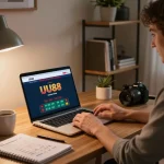 Engaged player on com using laptop at home for strategic online gaming and betting.