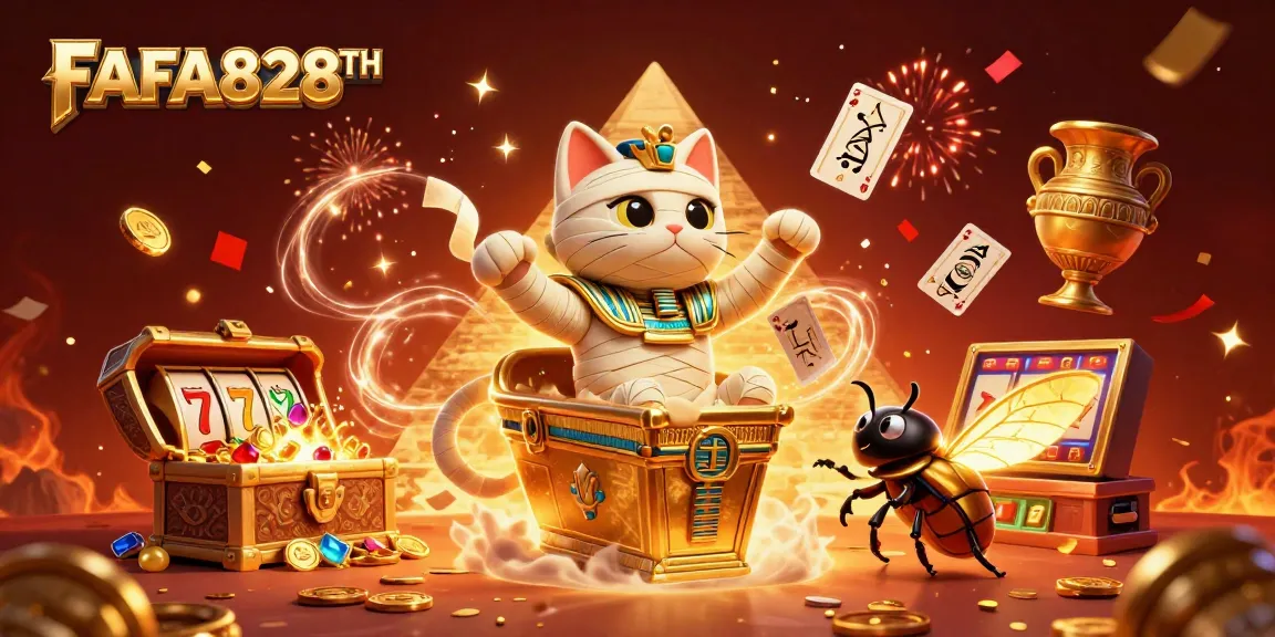 Experience FAFA828TH adventures with a pyramid casino scene featuring a mummy cat and golden treasures.