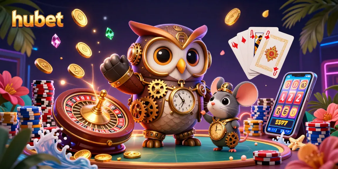 Experience thrilling gameplay with hubet in this vibrant casino illustration featuring time-travel elements and classic games.