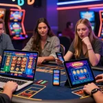 Exciting online casino gaming scene showcasing the best casinos for credit cards with players using laptops and tablets.