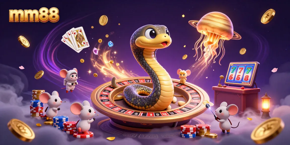 Experience the captivating universe of mm88 with playful astronaut mice betting on a roulette-inspired Saturn, featuring vibrant casino elements.