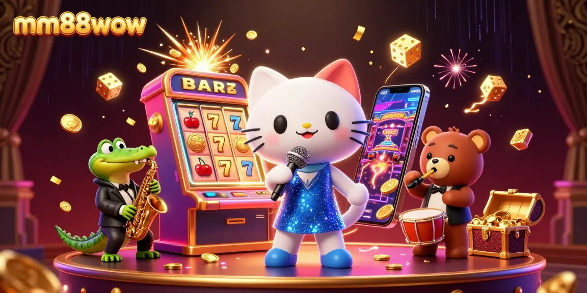 Engage in exciting gameplay with mm88wow’s vibrant casino scene featuring lucky symbols and characters.