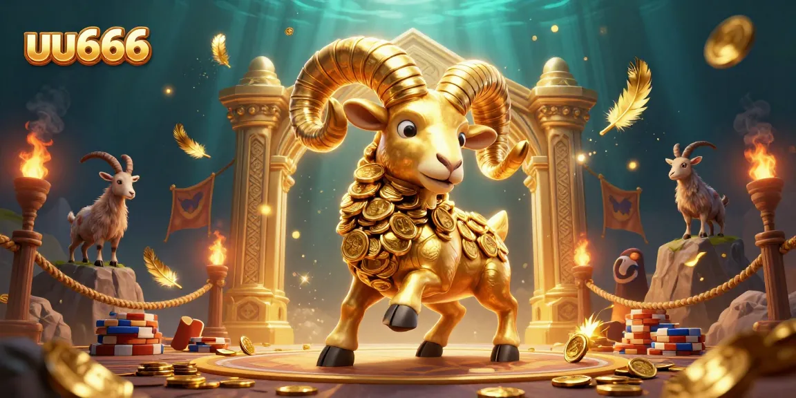 uu666 showcases a golden ram charging into the casino arena, surrounded by sparks and treasures.