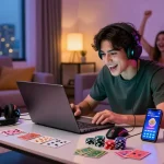 Exciting gaming moment at credit card casinos with laptop, chips, and friends in cozy home setting
