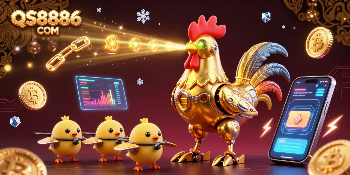Engage with the thrilling world of QS8886 COM featuring a futuristic golden rooster and crypto elements.