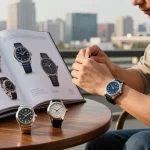 Showcasing a replica watch enthusiast examining a luxury super clone timepiece in a chic urban setting.