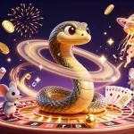 Engage in cosmic gambling with fabet's vibrant characters amidst a dynamic casino scene.