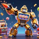 100VIPS8 features a vivid 3D illustration showcasing a golden gorilla mech with dynamic sports elements, perfect for gamblers.
