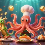 Experience exciting gaming at pg88 with a dynamic illustration of an octopus chef, dragon, and tanuki in a rich casino scene.